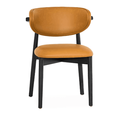 A contemporary dining chair featuring an ebonized wooden frame and tan leather upholstery. The chair has a distinct curved backrest supported by a wooden rail, and a cushioned seat. The legs are slender and cylindrical, suggesting a minimalist and modern aesthetic. — 3D model