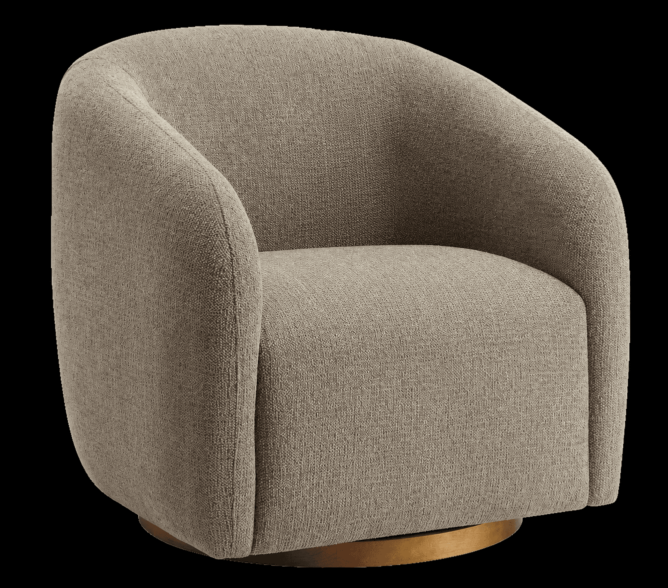 A contemporary upholstered barrel-shaped chair featuring a rounded backrest and seat, fully covered in a textured light brown or greige fabric. The chair sits on a visible, low-profile circular base that appears to be brushed metal, indicative of a swivel mechanism. — 3D model