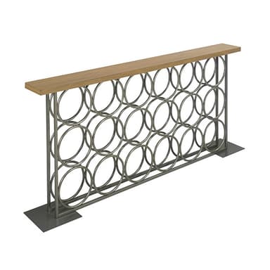 A long, narrow console-style unit featuring an integrated wine rack beneath a wooden tabletop, supported by a metal frame. — 3D model