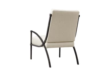 An armchair with a dark, textured forged iron frame and light-colored upholstered seat and back, featuring a transitional design. — 3D model