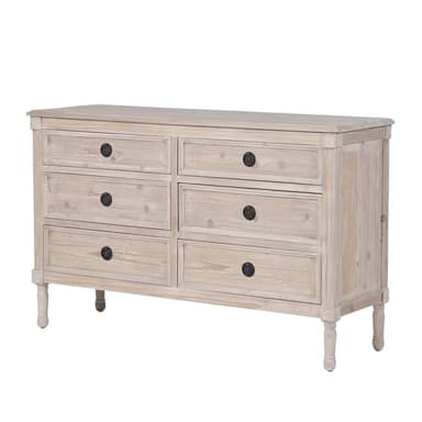 A rectangular dresser constructed from light-colored, whitewashed wood with a distressed finish. It features six drawers arranged in two columns of three, each with a recessed panel and a single round black knob. The dresser is supported by four turned legs. — 3D model