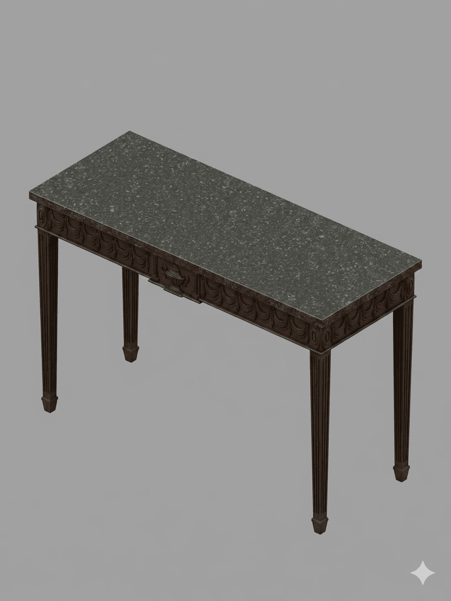 A long, narrow console table with a dark, speckled granite top and a carved wooden base. The base features fluted legs and decorative molding along the apron, including a central carved motif that resembles an urn or vase. It has a single drawer with a carved pull. — 3D model