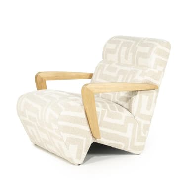A modern armchair with a patterned fabric upholstery and wooden armrests. The armchair features a sculpted silhouette with a high back and wide seat. The armrests are curved and made of light-colored wood, providing a contrast to the patterned upholstery. The upholstery has a geometric pattern in a light beige and off-white color scheme. — 3D model