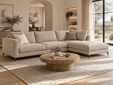 A modern L-shaped sectional sofa featuring a right-hand facing chaise lounge, upholstered in a neutral beige textured fabric, with minimalist dark metal legs. — 3D model