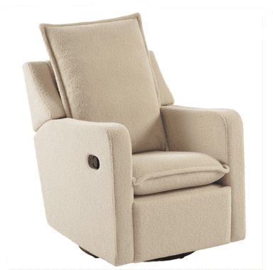 A cream-colored upholstered recliner chair with a textured boucle fabric, featuring a recline mechanism and a swivel base. The chair has thick, padded cushions and wide armrests, designed for comfort. — 3D model