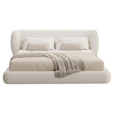 An upholstered platform bed featuring a low-profile design and soft, rounded edges. The entire frame, including the headboard and base, is covered in a light-colored, textured fabric. The headboard has a distinct, gently curved shape that wraps around the sides, and the mattress sits recessed within the upholstered frame. — 3D model