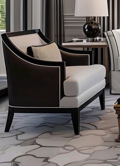 A contemporary armchair featuring a dark-finished wooden frame with contrasting white piping, upholstered in light-colored leather or faux leather. It includes a loose seat cushion and a patterned lumbar pillow. The chair has a subtly curved backrest and straight, tapered legs. — 3D model