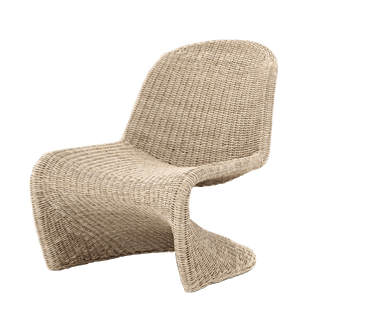 A woven armchair with a curved back and seat. The chair is constructed from a woven material, likely rattan or wicker, exhibiting a textured surface. The base appears to be integrated into the seat and back structure, forming a continuous, open-bottomed form. — 3D model