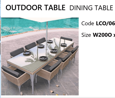 A complete outdoor dining set featuring a rectangular table with a smooth, light-colored top (likely glass or composite) and a woven base, accompanied by eight matching armchairs. The chairs have woven exteriors and dark grey seat and back cushions. — 3D model