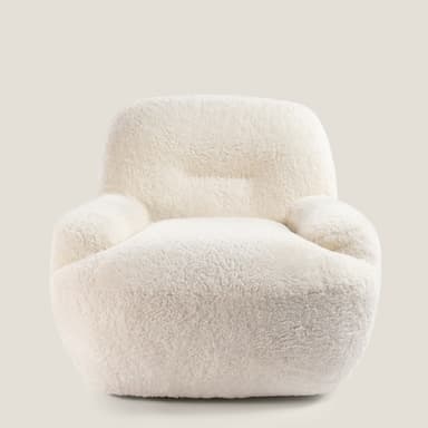 A plush, off-white upholstered lounge chair with a rounded, inviting silhouette, covered in a thick, textured material resembling sheepskin or boucle. — 3D model