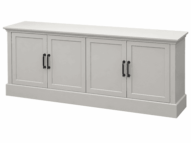 A contemporary light grey four-door sideboard or credenza featuring recessed panel doors, a flat top surface, and matte black metal bar pull handles, resting on a solid plinth base. — 3D model