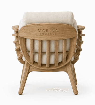 A lounge chair with a visible wood frame and upholstered cushions. The backrest features a curved wooden top rail with 'MARINA LOUNGE CHAIR' engraved on it, supported by vertical wooden slats. The side arms are constructed with a latticed wood design. The chair has four wooden legs with a natural finish. — 3D model