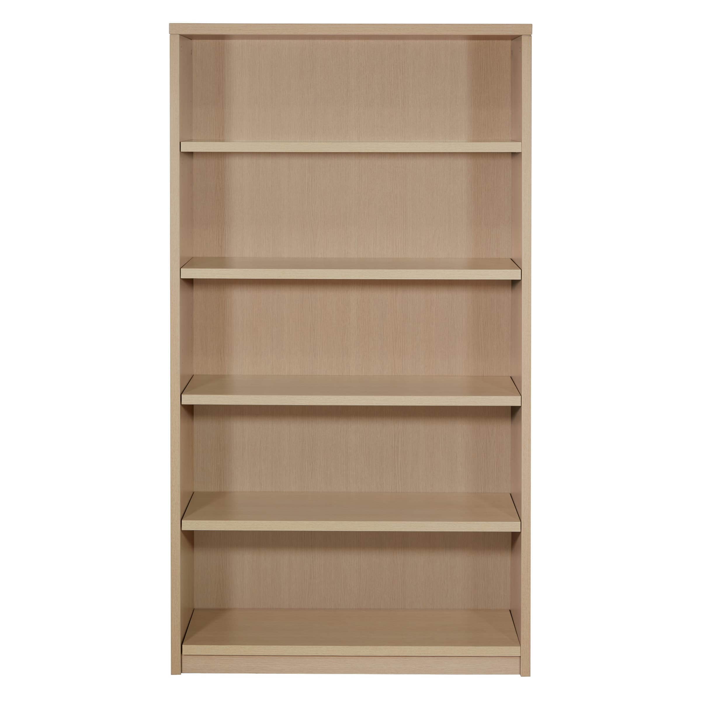 A tall, rectangular open-shelf bookshelf featuring a light wood-grain finish. It has five evenly spaced shelves, providing ample storage and display space. The design is simple and functional, with clean lines and a contemporary aesthetic. — 3D model