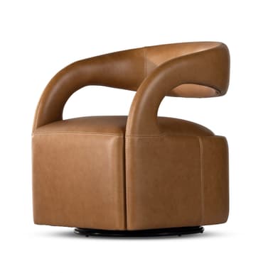 A contemporary swivel armchair upholstered in tan leather, featuring a rounded barrel back and integrated armrests. The chair has prominent contrast stitching along its edges and a concealed swivel base. — 3D model