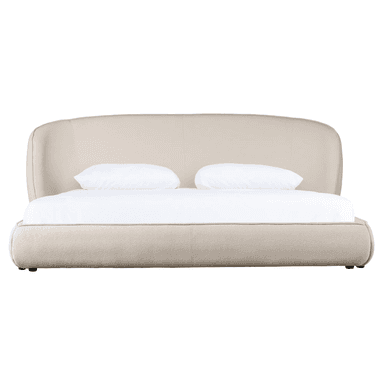 A modern upholstered platform bed featuring a distinctive gently curved headboard that appears to wrap slightly around the sides. The entire frame, including the headboard and low-profile base, is covered in a light, neutral-toned textured fabric. It is presented with a white mattress and two white pillows. — 3D model