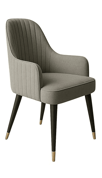 A contemporary upholstered armchair featuring a curved back with vertical channel tufting, a deep seat, and four dark tapered legs with brass sabots. — 3D model