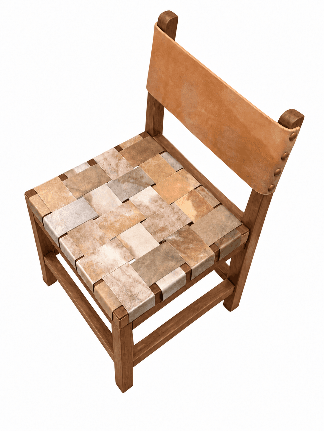 A wooden framed chair featuring a woven seat made from strips of hair-on hide and a flat leather backrest secured with metal studs. — 3D model