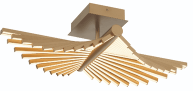 A modern semi-flush mount ceiling light featuring a spiral or fanned arrangement of multiple rectangular elements, each emitting integrated LED light. The fixture is finished in a matte gold or brass tone. — 3D model