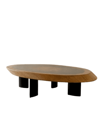 A low-profile coffee table featuring an irregularly shaped, organic wooden top with a darker, recessed central panel. The table is supported by four short, stout, black-colored legs, giving it a minimalist yet distinctive appearance. — 3D model