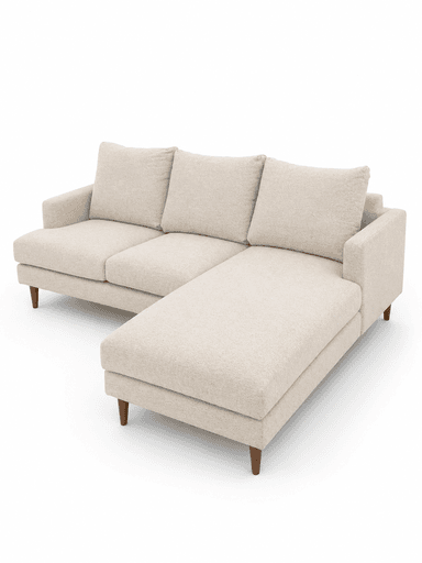 A contemporary sectional sofa upholstered in a light, textured beige fabric, featuring an integrated right-facing chaise lounge. The sofa has a clean-lined design with straight track arms, loose back cushions, and tapered wooden legs. — 3D model