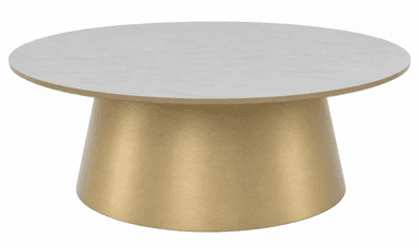 A modern, round coffee table featuring a white marble-look top and a brushed brass drum-shaped pedestal base. — 3D model