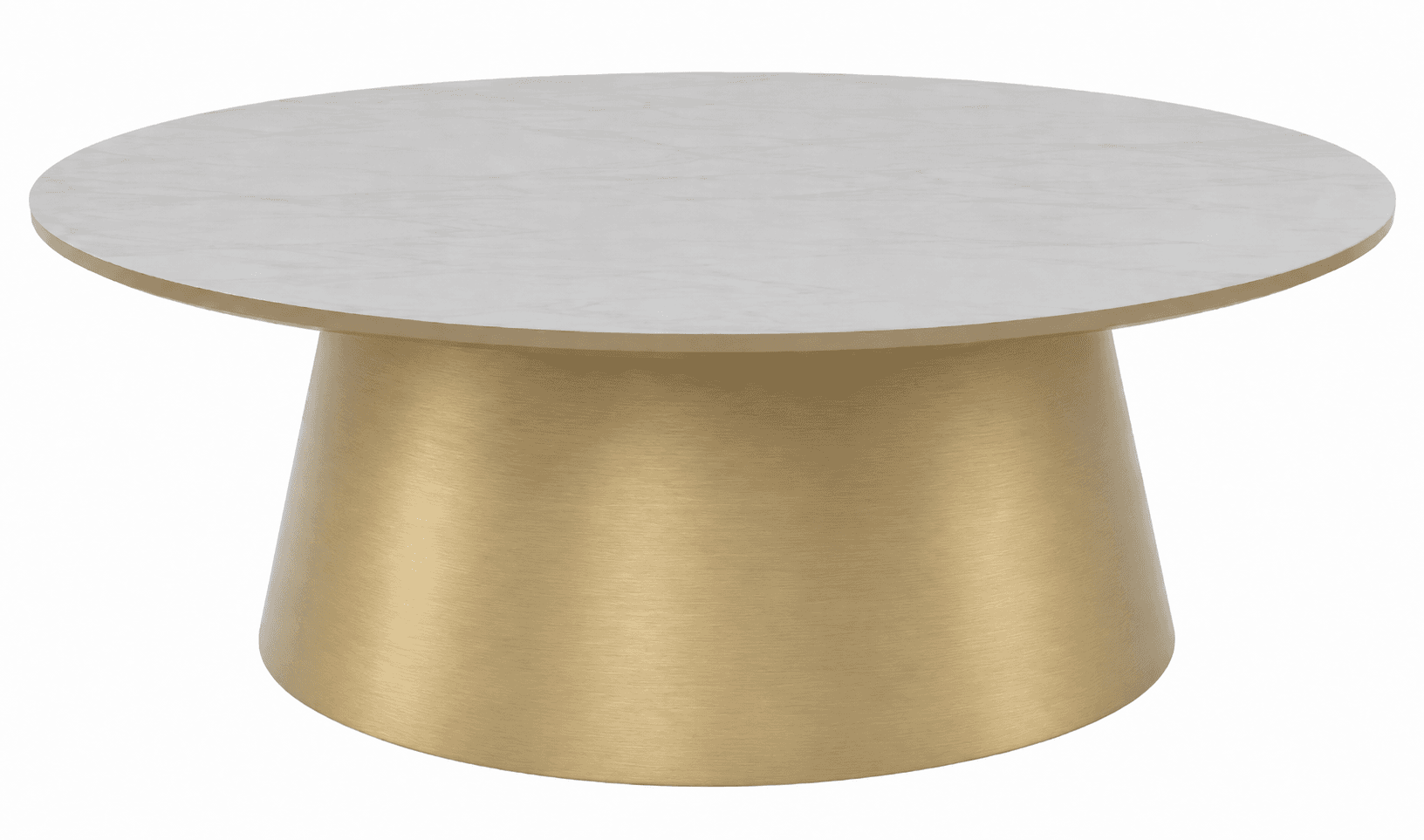 A modern, round coffee table featuring a white marble-look top and a brushed brass drum-shaped pedestal base. — 3D model