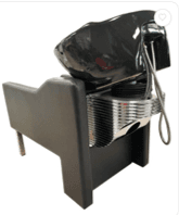 A black upholstered chair with an integrated glossy black ceramic shampoo bowl and chrome faucets, designed for hair washing in a salon setting. — 3D model