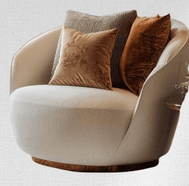 A contemporary, fully upholstered swivel lounge chair featuring a rounded, deep-seated form and a low-profile wooden base. It is covered in a light-colored, textured fabric and styled with three decorative throw pillows in various warm earth tones and textures. — 3D model
