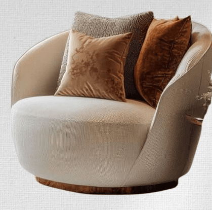 A contemporary, fully upholstered swivel lounge chair featuring a rounded, deep-seated form and a low-profile wooden base. It is covered in a light-colored, textured fabric and styled with three decorative throw pillows in various warm earth tones and textures. — 3D model