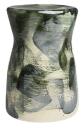 A ceramic stool with a slightly concave cylindrical form, featuring a glossy, hand-painted abstract pattern in shades of green, gray, and off-white. — 3D model