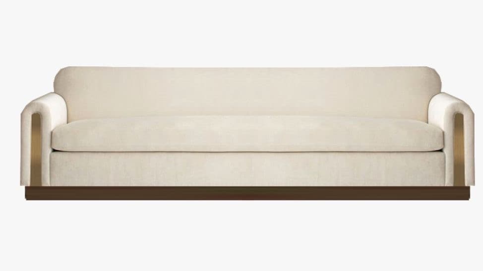 A contemporary three-seater sofa with a low profile and rounded armrests. The sofa features a plush, upholstered seat and backrest, supported by a solid base. The armrests have a distinctive U-shaped design with a metallic accent. The overall design suggests a modern aesthetic with a focus on comfort and clean lines. — 3D model