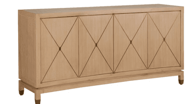 A long, low credenza with four cabinet doors. The doors feature an inlaid geometric pattern of intersecting lines forming diamonds, with a small circular accent at each intersection. The credenza is supported by a plinth base and four tapered legs, each with brass-colored caps. The wood grain is visible and runs horizontally on the doors and vertically on the sides. The overall design suggests a modern or transitional style. — 3D model