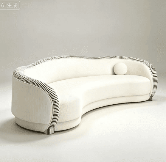 A contemporary curved sofa, upholstered in a cream-colored textured fabric, featuring a distinctive black and white striped trim along the backrest and armrests. The sofa has a seamless, organic silhouette and includes a single circular bolster pillow. — 3D model
