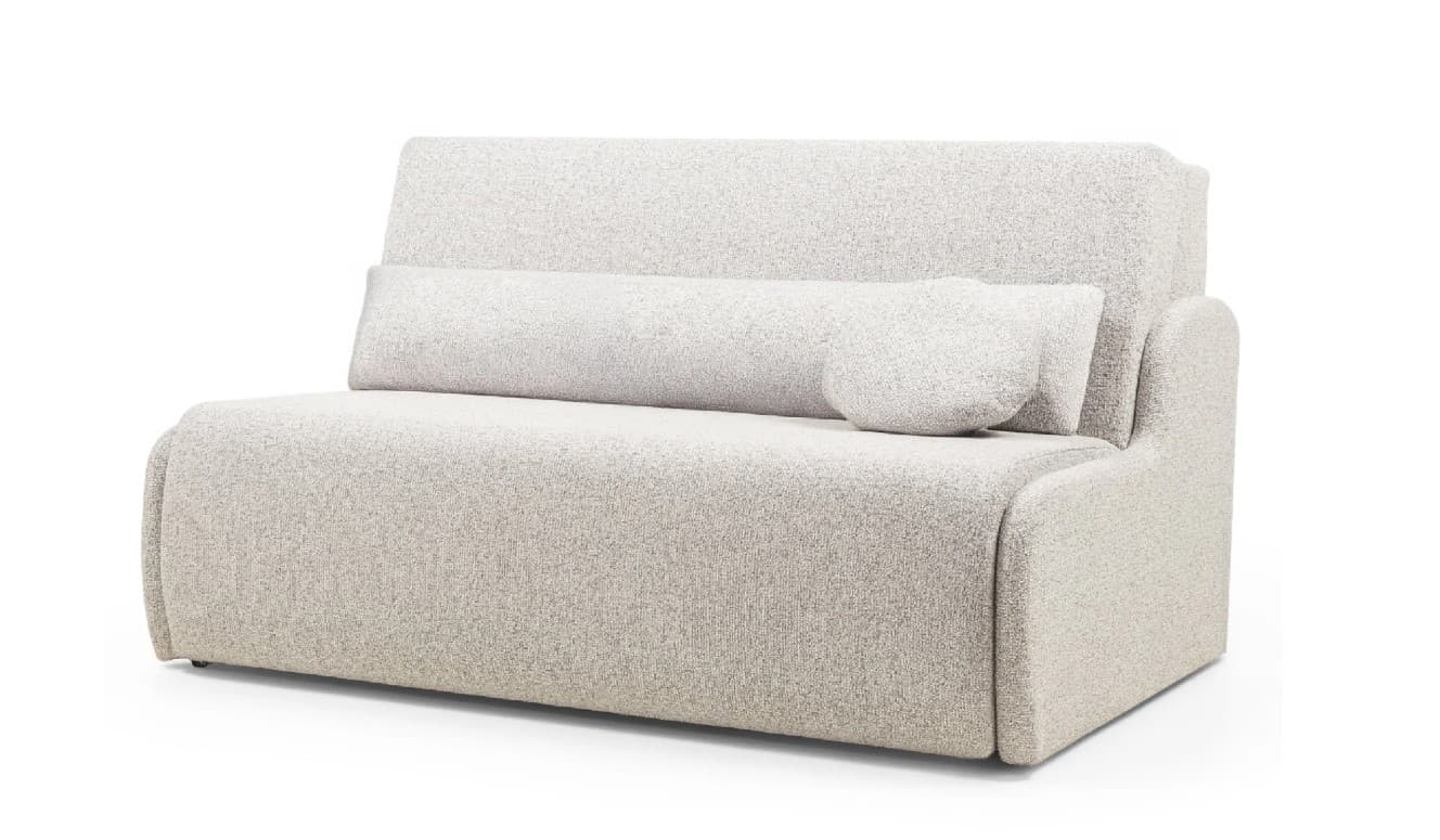 A compact, upholstered sofa with a textured fabric finish. It features a straight backrest, seat, and arms, with rounded corners on the front. Two throw pillows, one cylindrical and one round, are placed on the seat. The sofa is supported by low-profile, dark-colored legs. — 3D model