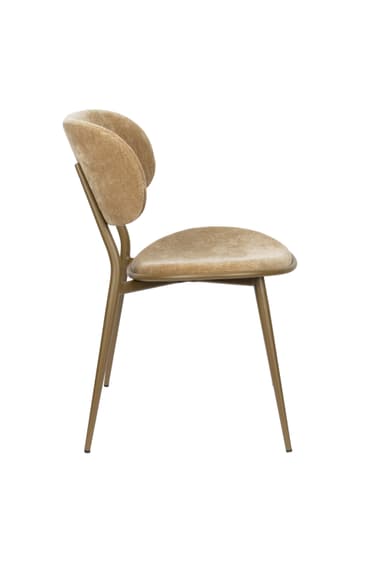 A dining chair with a curved backrest and a seat upholstered in textured fabric. The chair features slim, tapered legs and a supporting frame made of metal. — 3D model