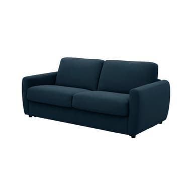 A close-up view of the armrest and cushions of a contemporary dark blue upholstered sofa. The sofa features clean lines, fixed rectangular armrests with a slight outward curve, and plump, separate seat and back cushions, all covered in a finely textured woven fabric. Small, dark, recessed feet are visible at the base. — 3D model