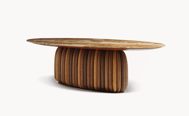 An oval coffee table featuring a multi-toned marble top and a distinctive cylindrical base constructed from numerous vertical, rounded wooden slats in varying natural wood hues, resting on a subtle reddish-brown plinth. — 3D model