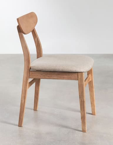 A minimalist dining chair featuring a light-toned wooden frame, a gently curved backrest, and a beige upholstered seat. The chair has a clean, modern aesthetic with tapered legs. — 3D model