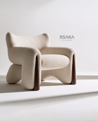 An organically shaped lounge chair upholstered in off-white bouclé fabric, featuring integrated dark wood accents that serve as structural supports and design elements. — 3D model