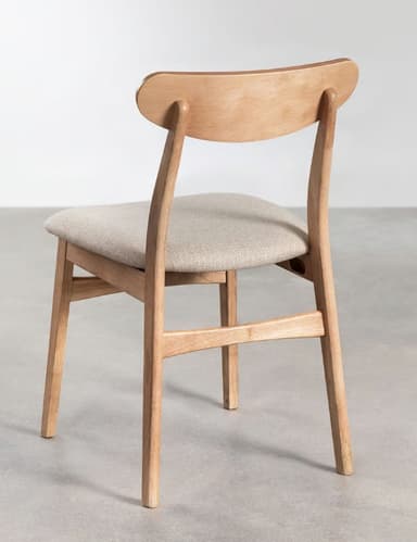 A minimalist dining chair featuring a light-toned wooden frame, a gently curved backrest, and a beige upholstered seat. The chair has a clean, modern aesthetic with tapered legs. — 3D model