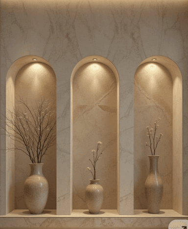 A contemporary display unit featuring three arched niches crafted from a light beige marble-effect material with subtle veining. Each niche is independently illuminated by integrated LED lighting, casting a soft glow on the items displayed within. The unit has a substantial, clean-lined form designed for showcasing decorative objects. — 3D model