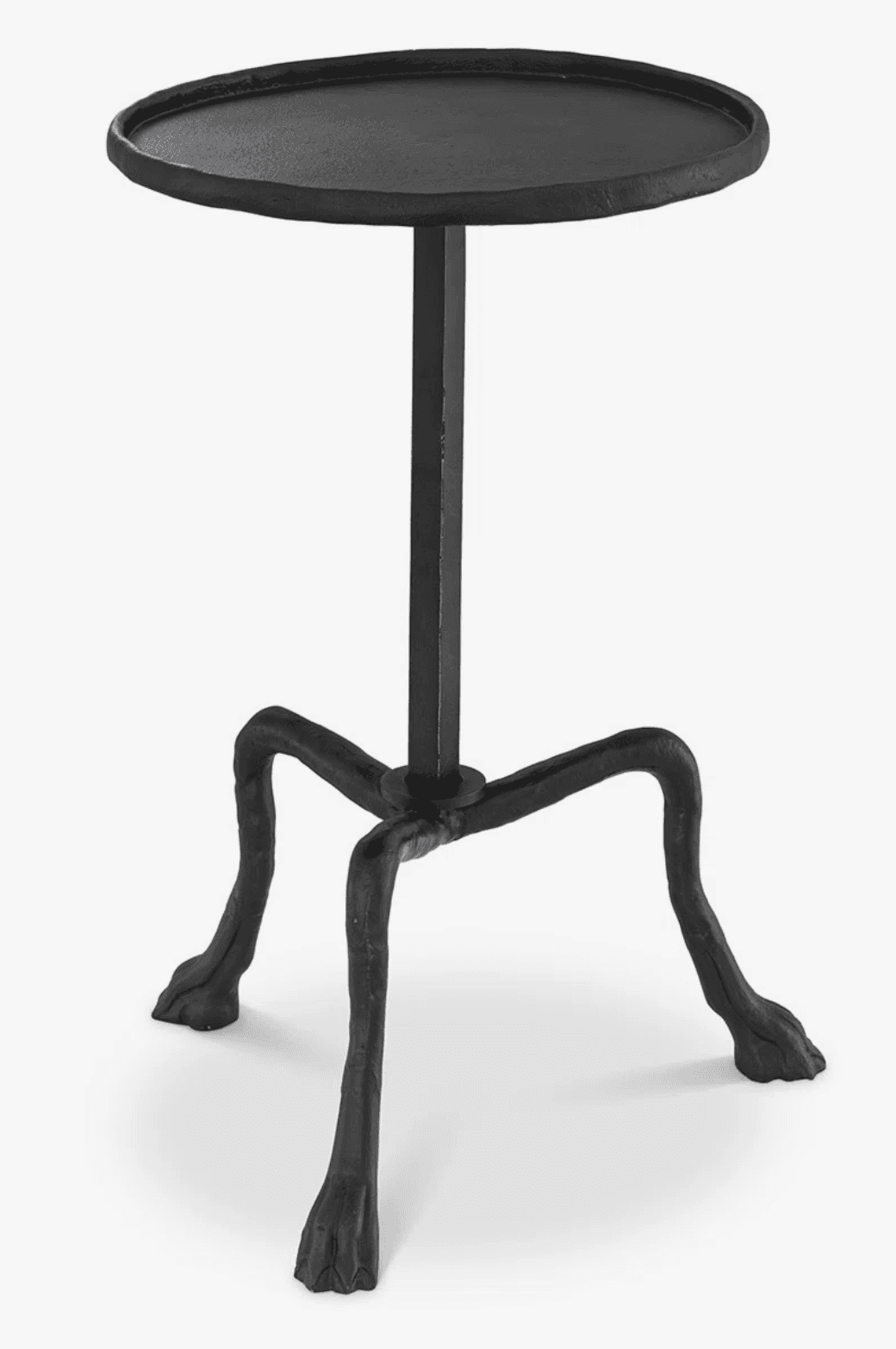 A black, round-top side table with a central pedestal supported by three splayed legs that are sculpted to resemble animal paws. The tabletop has a slightly raised, irregular edge. The base features three distinct, claw-like feet. — 3D model