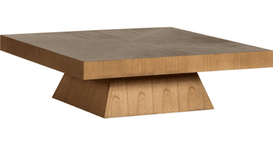 A modern coffee table featuring a square or rectangular top resting on a central, tapered pedestal base, all constructed from wood with a natural finish. The tabletop has a visible wood grain pattern. — 3D model