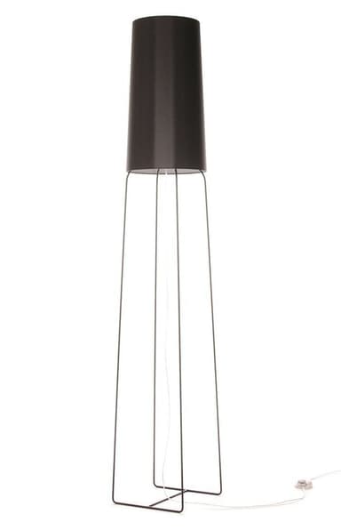 A minimalist black floor lamp featuring a slender, conical textile shade atop an open, dark metal wireframe base that tapers downwards. — 3D model