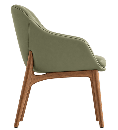 A contemporary armchair featuring a curved, enveloping shell upholstered in a sage green material, likely leather or high-quality faux leather. The chair rests on a splayed and tapered wooden base, providing a modern and elegant aesthetic. It includes a removable seat cushion for added comfort. — 3D model