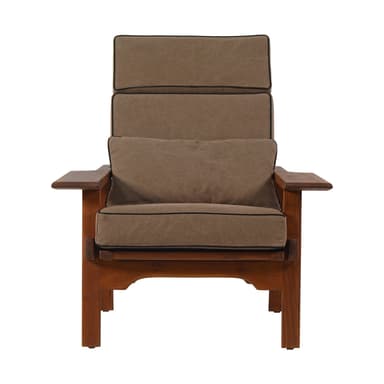 A mid-century modern inspired armchair with a wooden frame and upholstered cushions. The armchair features a high back with an adjustable headrest, armrests, and a separate lumbar cushion. The frame is constructed from dark stained wood, and the upholstery is a textured brown fabric with contrasting black piping. The design emphasizes clean lines and a reclined posture. — 3D model