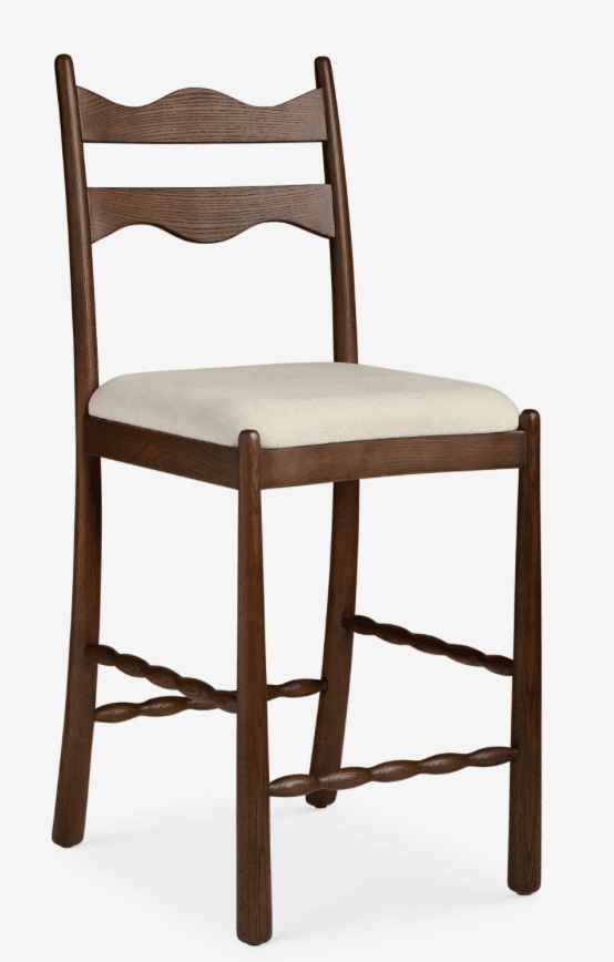 A tall, armless wooden chair, identifiable as a counter stool, featuring a dark brown finish. It has an upholstered, light-colored seat and a distinctive ladder-style backrest with two wavy horizontal slats. The legs are connected by twisted, barley-twist-style stretchers, adding a traditional design element. — 3D model