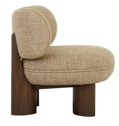 A contemporary accent chair with a distinctive, plush design. The chair features a rounded seat and a cylindrical, slightly curved backrest, both upholstered in a textured, neutral-toned fabric. It is supported by four dark, cylindrical legs that are spaced unevenly, adding to its unique aesthetic. The upholstery exhibits subtle stitching details that enhance its form. — 3D model