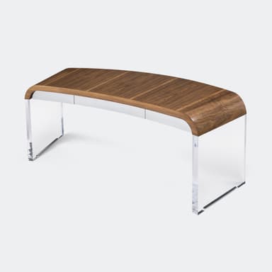 A modern console table featuring a distinctive curved, high-gloss burl wood veneer top that transitions seamlessly into a sleek, white lacquered base. The design incorporates three handleless drawers discreetly integrated into the white front panel, maintaining a minimalist and contemporary aesthetic. — 3D model
