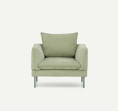 A contemporary upholstered armchair featuring a soft, muted sage green fabric, loose seat and back cushions, and slender, complementary dark green metal legs. — 3D model